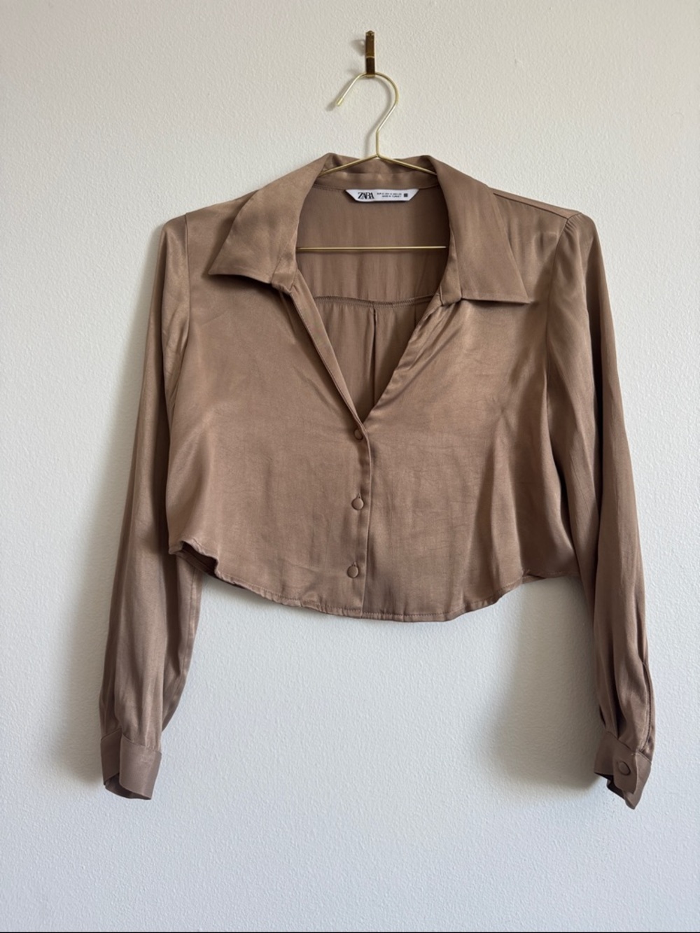 Zara Cropped Button-Front Long-Sleeve Shirt in Taupe